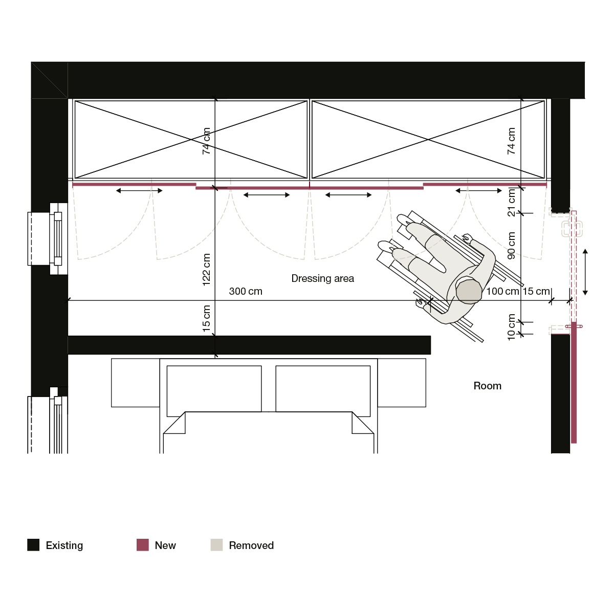 Wheelchair in barrier-free wardrobe floor plan