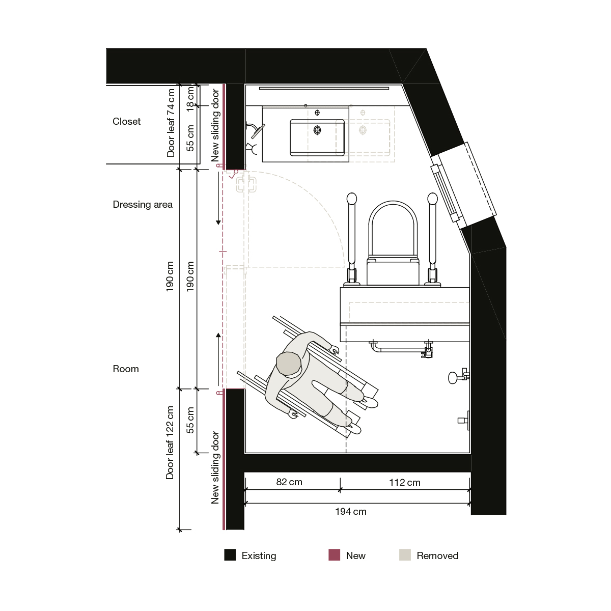 Wheelchair in barrier-free bathroom floor plan