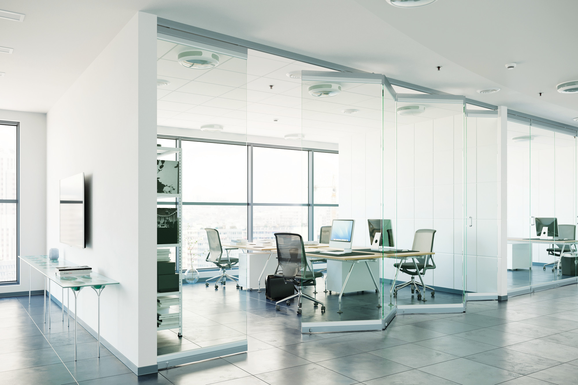 Office with glass folding sliding walls